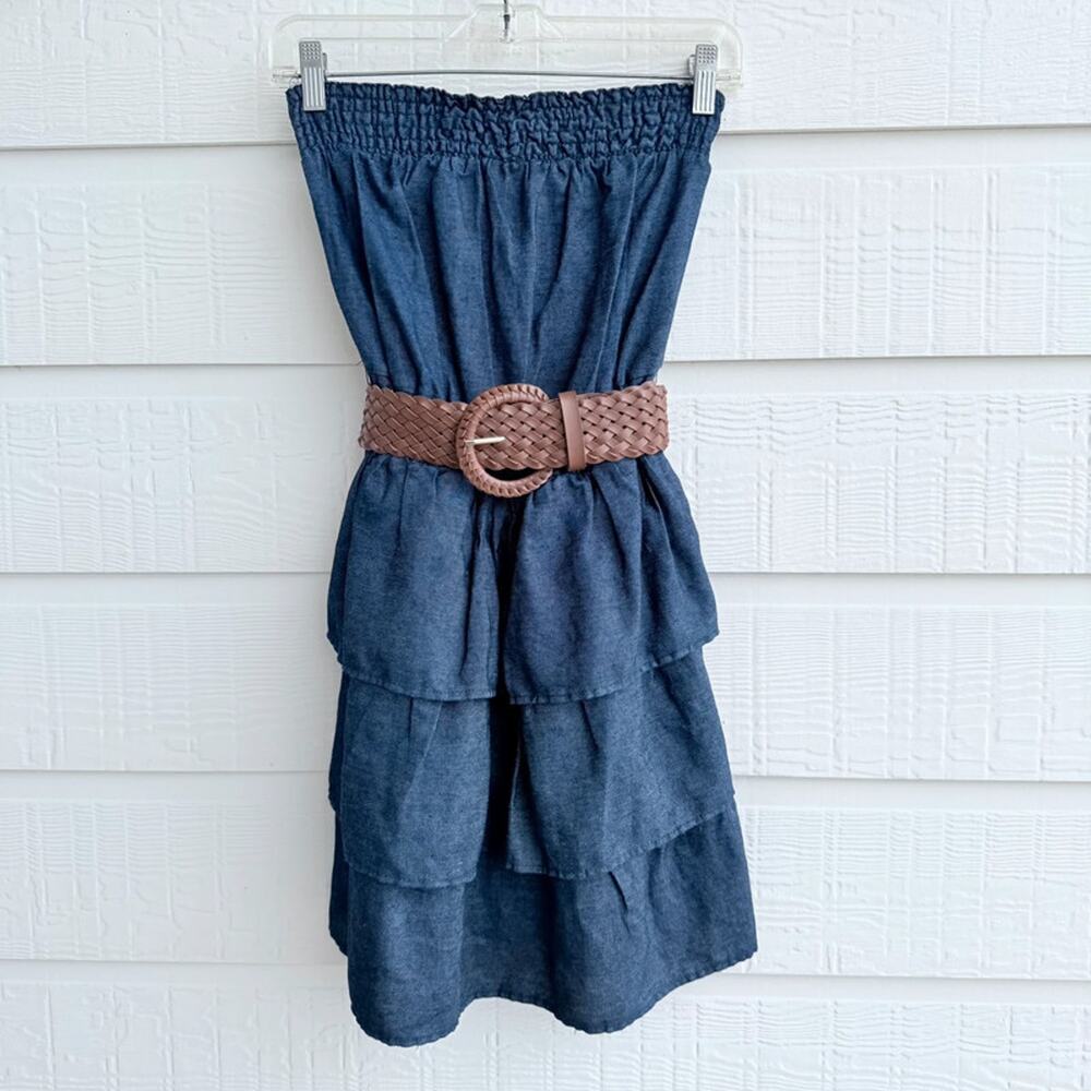 Chesley Strapless Denim Dress M Tiered Belted Elastic